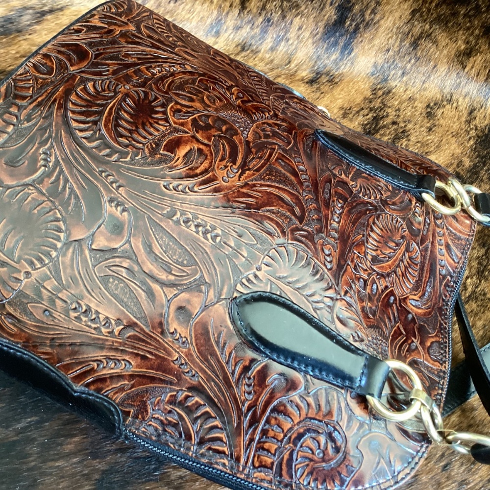 Vintage Cristian Genuine Leather Tooled Handbag Made In Italy - Picture 6 of 10